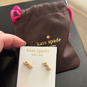 kate spade Gold 'Mrs’ Script Kids Stud Earrings with Branded Pouch